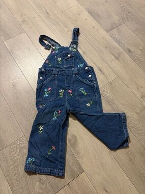 Young Heart Girls Dark Blue Embroidered Denim Overalls